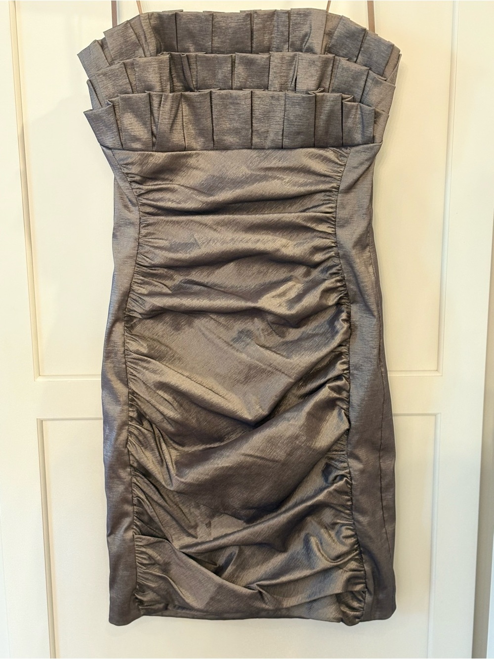 Cache Strapless Metallic Silver Ruched Cocktail Dress